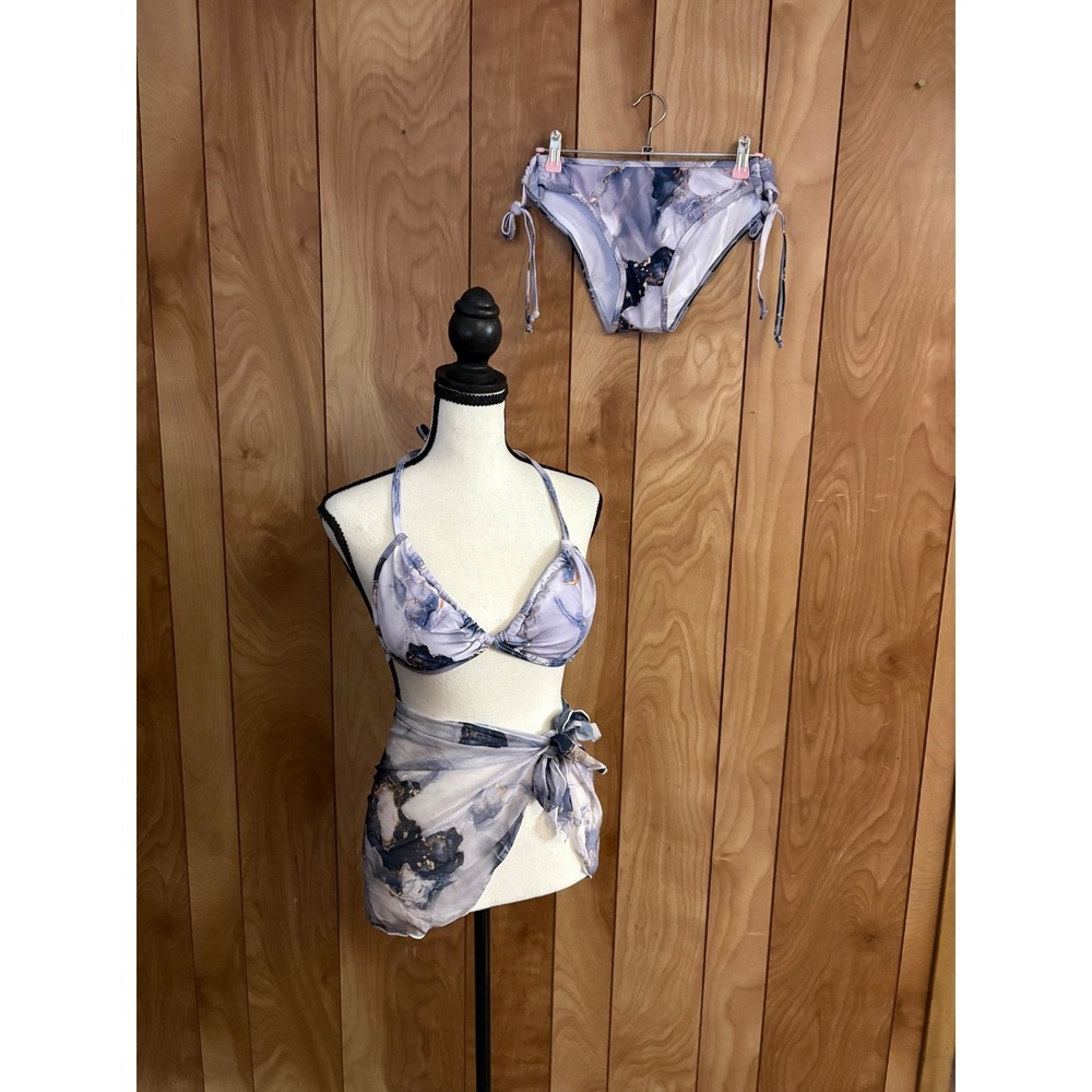 Marble Print 3 Piece‎ Bikini Set with Mesh Sarong Wrap Blue White Gold Small